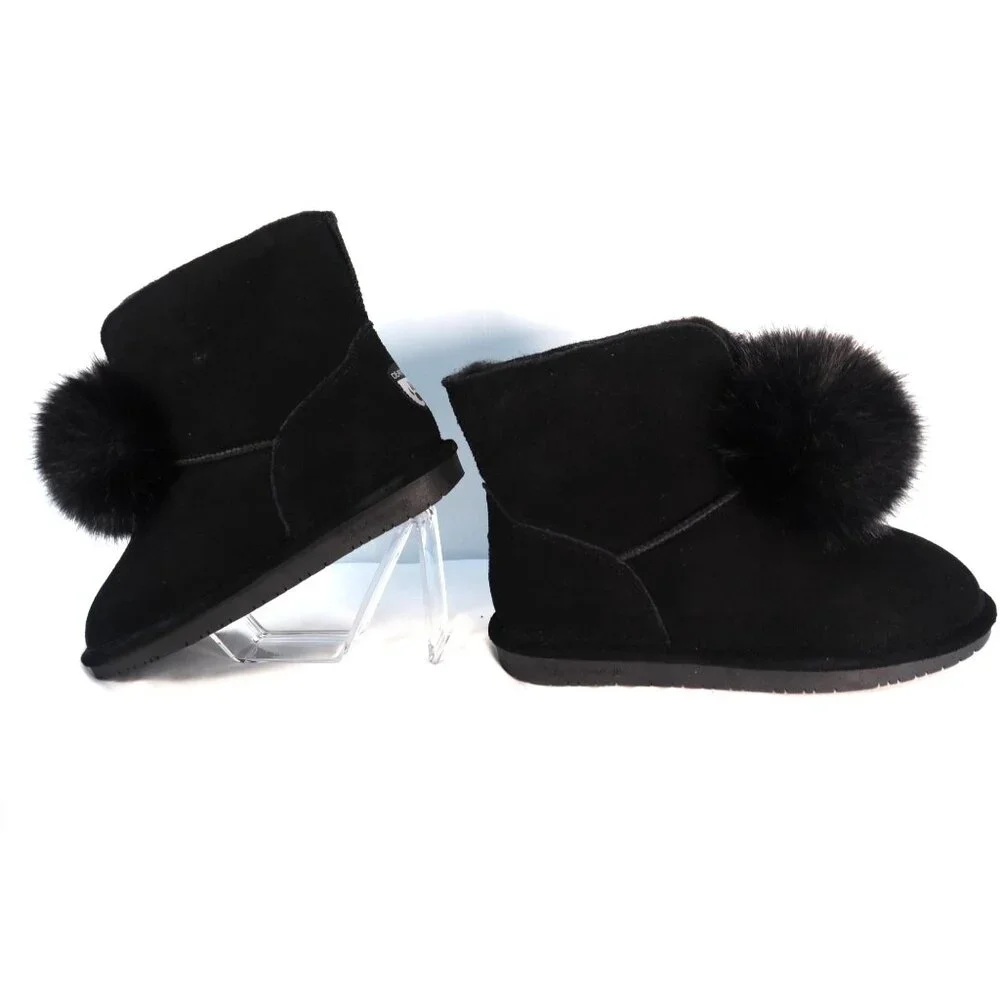 BearPaw Women's‎ Black Faux Fur Pom Pom Ankle Boots Size 9